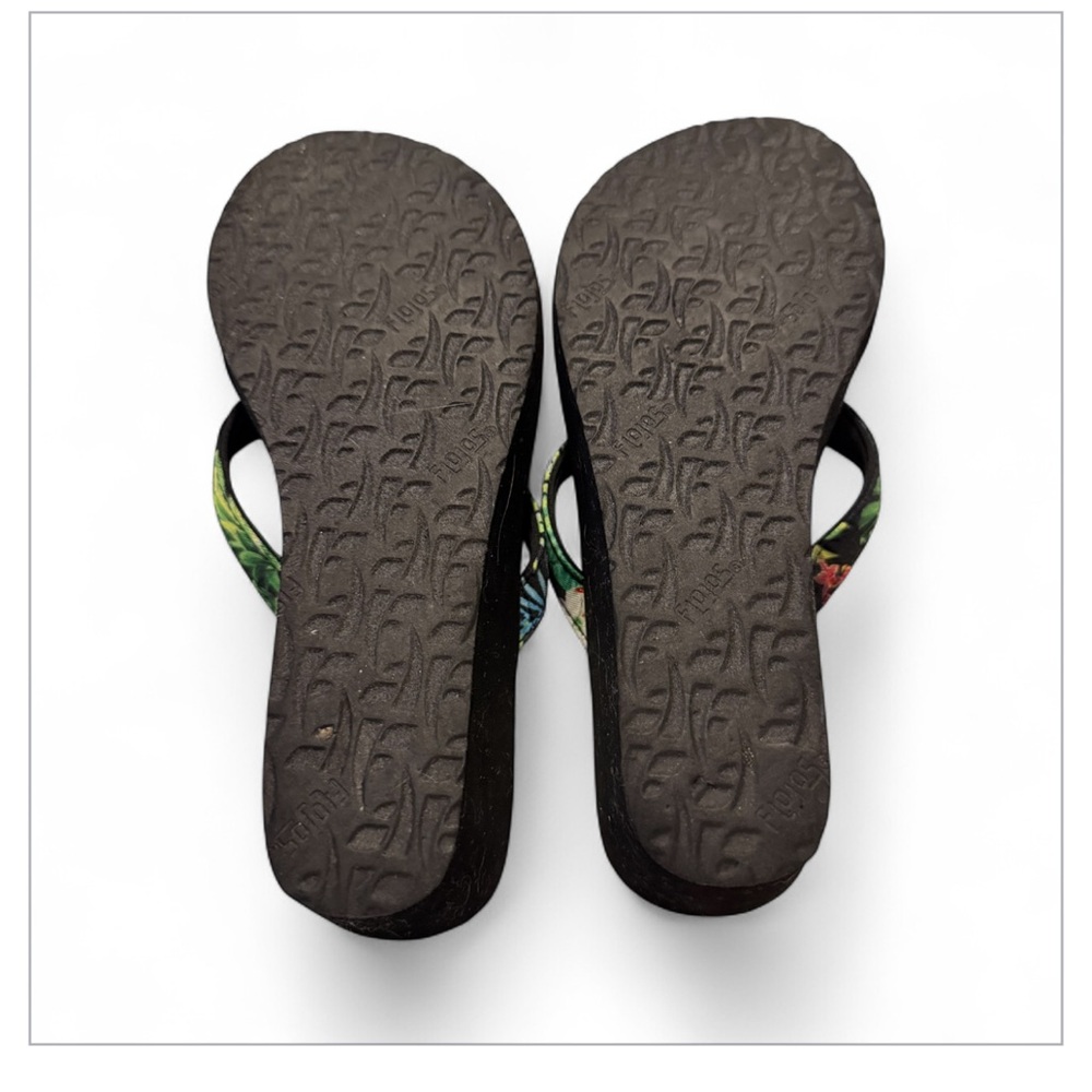 Flojos Black Wedge Sandals with Cushioned Sole floral print on straps - Picture 5 of 5